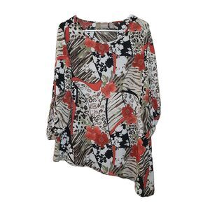 Chicos Women Asymmetrical Blouse Size 1 Multicolor Floral Roll Tab Sleeve